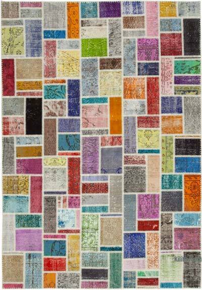 Multicolor Patchwork Hand-Knotted Turkish Rug - 6' 9" x 9' 9" (81" x 117")