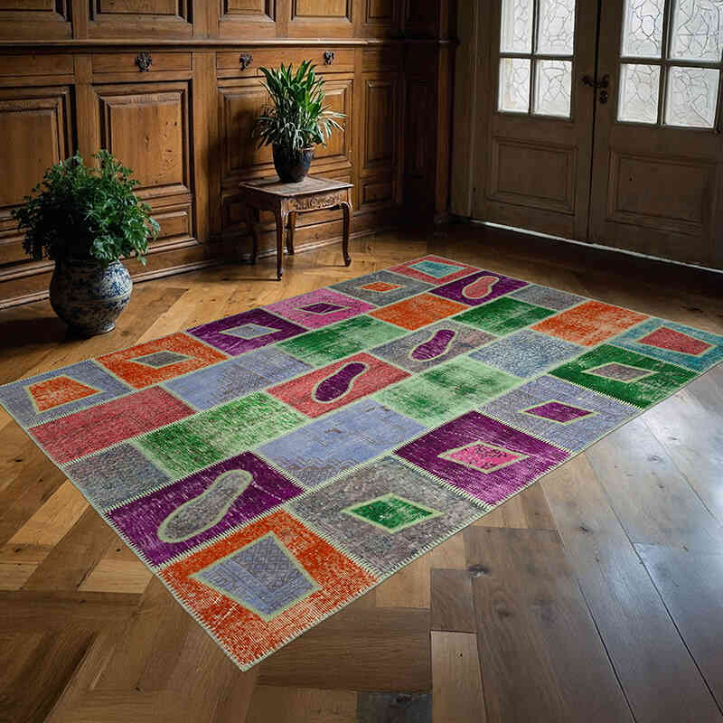 Multicolor Patchwork Hand-Knotted Turkish Rug - 5' 5" x 7' 9" (65" x 93") - K0051069