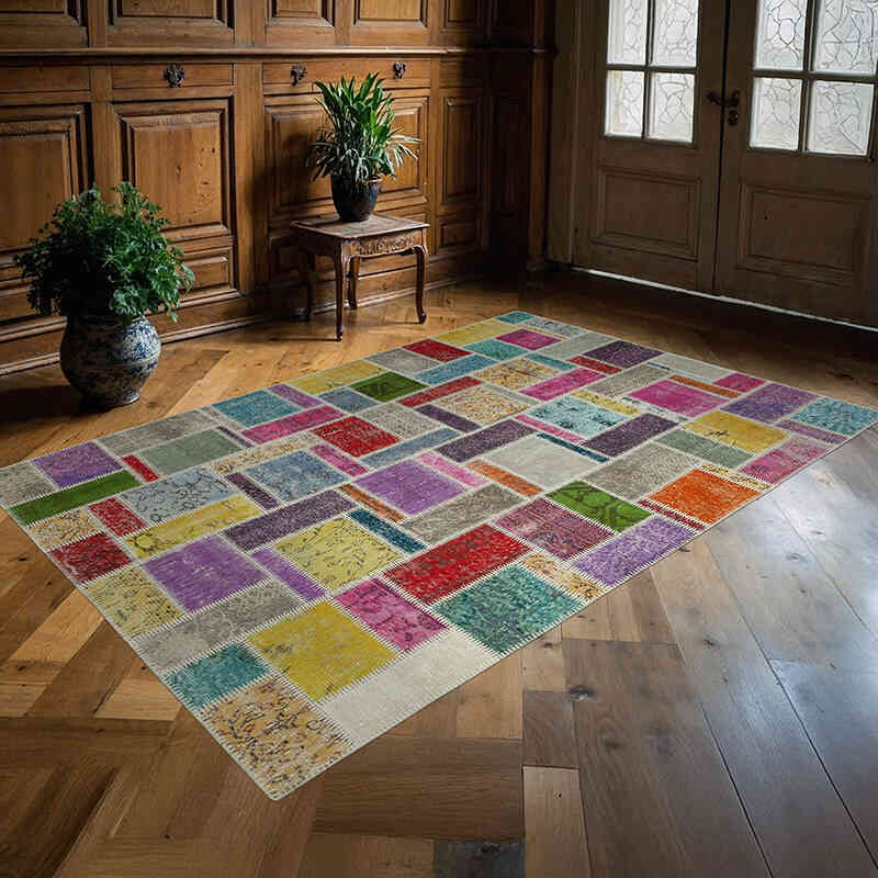 Multicolor Alfombra De Retazos Turca Sobre-teñida - 172 cm x 255 cm - K0051074