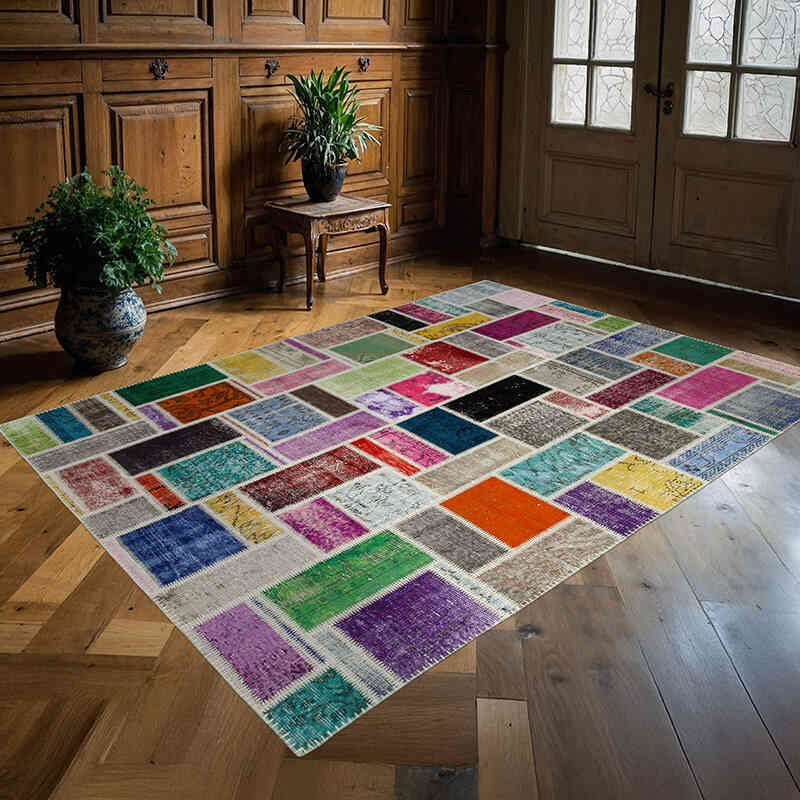 Multicolor Patchwork Hand-Knotted Turkish Rug - 5' 8" x 7' 10" (68" x 94") - K0051079