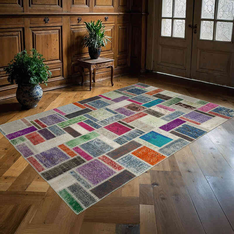 Multicolor Patchwork Hand-Knotted Turkish Rug - 5' 9" x 8' 4" (69" x 100") - K0051082