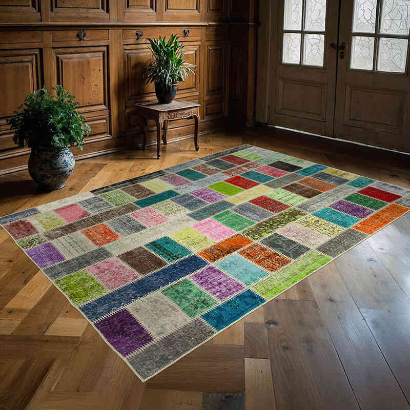 Multicolor Patchwork Hand-Knotted Turkish Rug - 5' 9" x 7' 11" (69" x 95") - K0051083