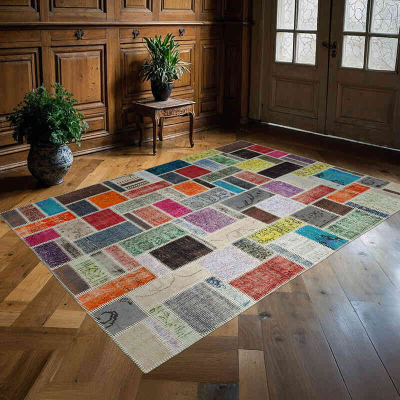 Multicolor Patchwork Hand-Knotted Turkish Rug - 5' 9" x 7' 9" (69" x 93") - K0051084