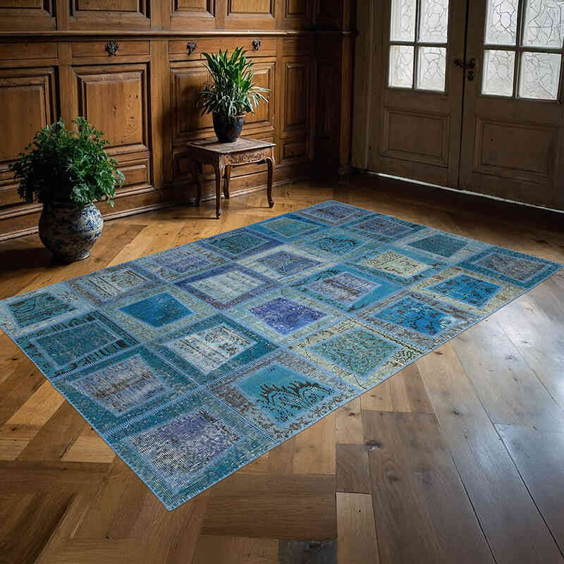 Mavi Boyalı Patchwork Halı - 159 cm x 240 cm - K0051089