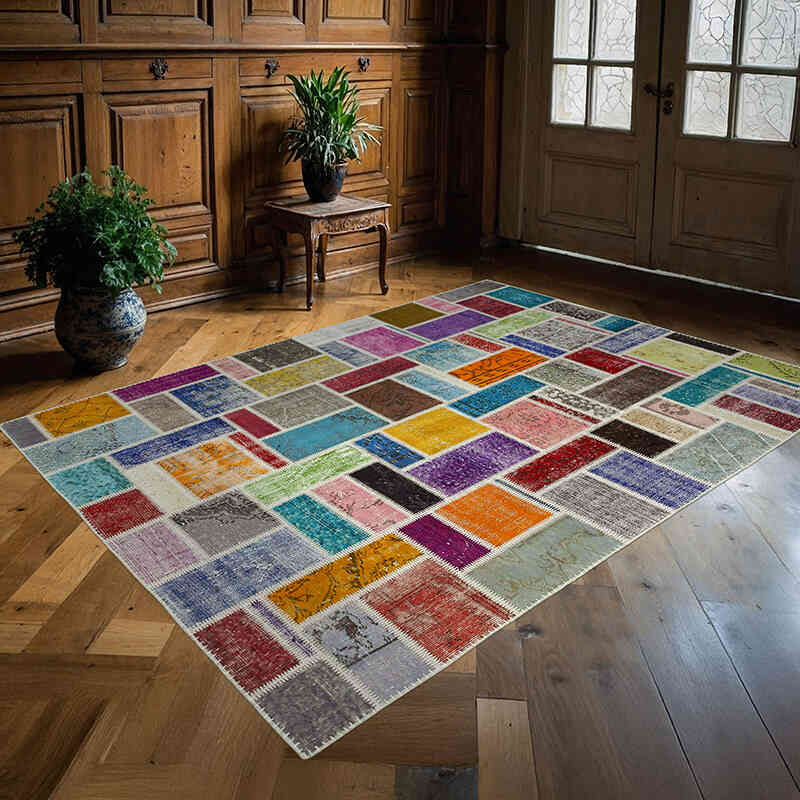 Multicolor Patchwork Hand-Knotted Turkish Rug - 5' 9" x 7' 9" (69" x 93") - K0051103