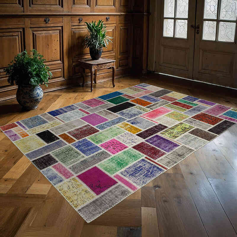 Multicolor Alfombra De Retazos Turca Sobre-teñida - 173 cm x 239 cm - K0051104