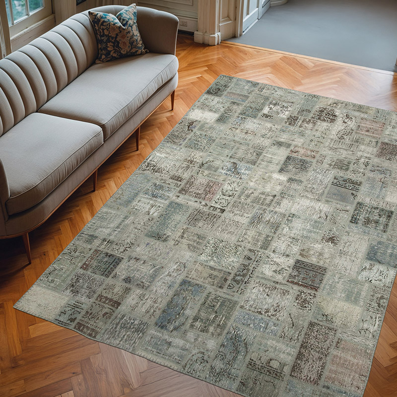 Gray Patchwork Hand-Knotted Turkish Rug - 6' 11" x 9' 9" (83" x 117") - K0051105