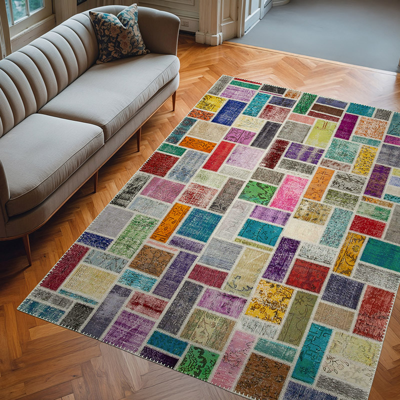 Multicolor Patchwork Hand-Knotted Turkish Rug - 6' 11" x 9' 9" (83" x 117") - K0051116