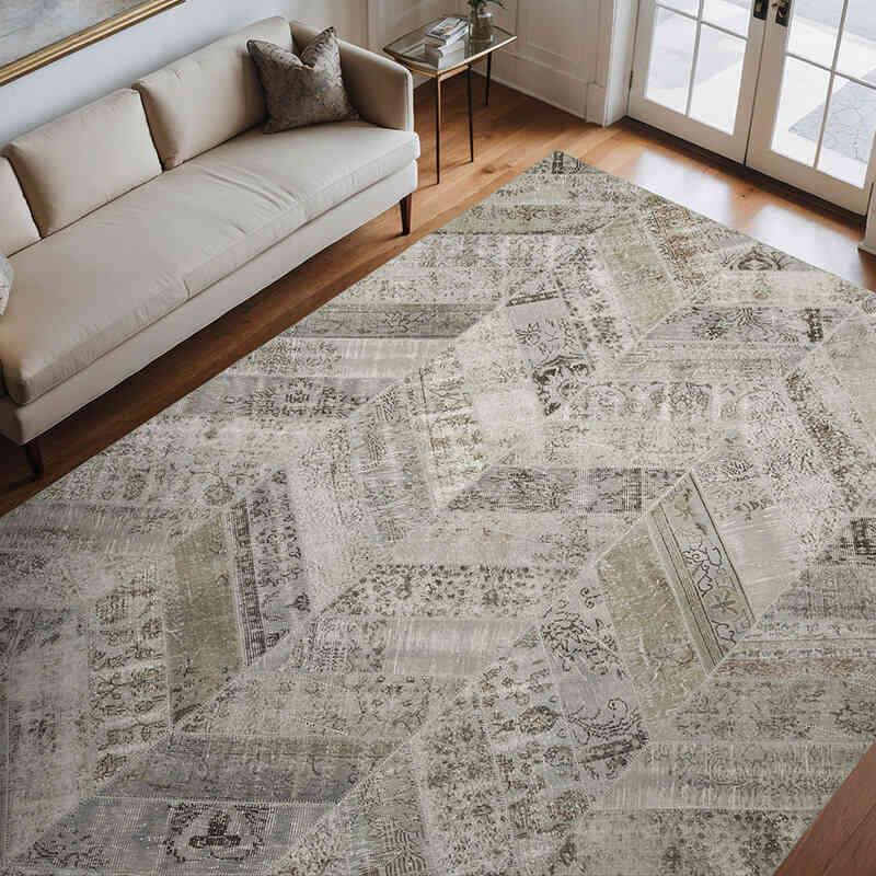 Gray Patchwork Hand-Knotted Turkish Rug - 9'  x 12' 2" (108" x 146") - K0051126