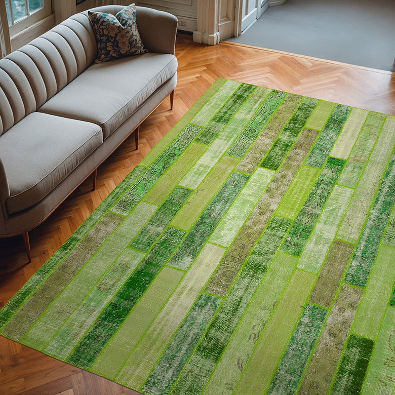 Green Patchwork Hand-Knotted Turkish Rug - 8' 1" x 10' 1" (97" x 121") - K0051146