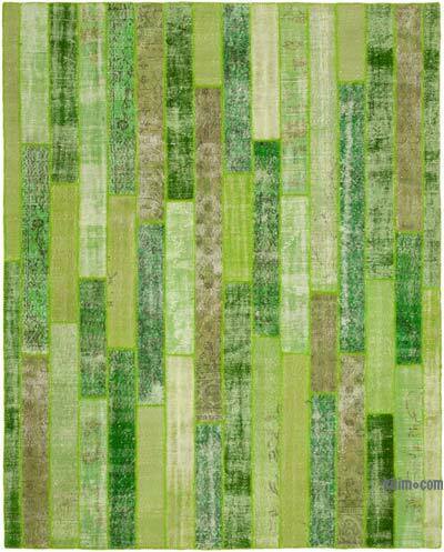 Green Patchwork Hand-Knotted Turkish Rug - 8' 1" x 10' 1" (97" x 121")