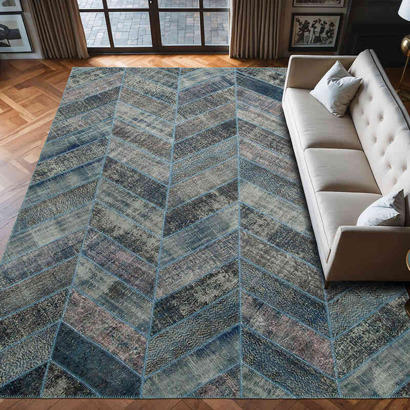 Patchwork Hand-Knotted Turkish Rug - 9' 2" x 12' 2" (110" x 146") - K0051147