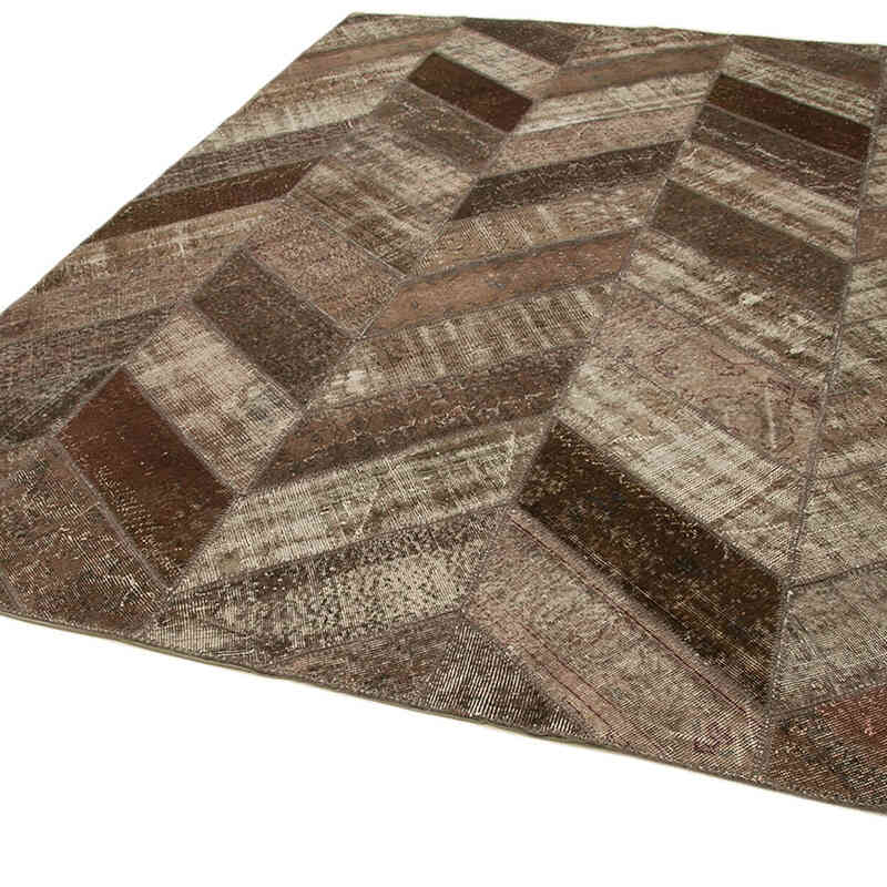 Brown Patchwork Hand-Knotted Turkish Rug - 7' 11" x 10' 1" (95" x 121") - K0051155