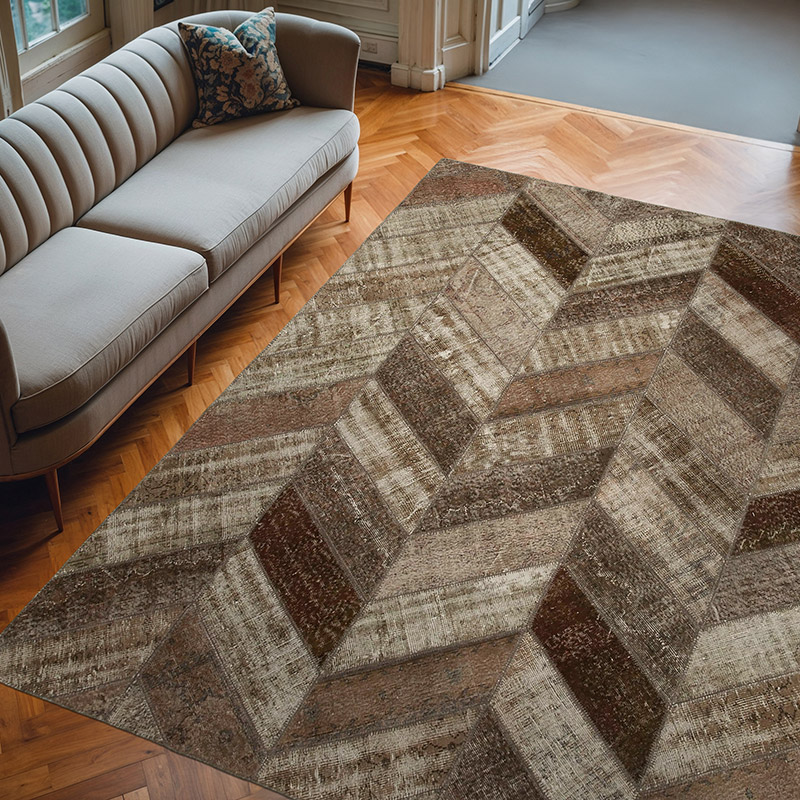 Brown Patchwork Hand-Knotted Turkish Rug - 7' 11" x 10' 1" (95" x 121") - K0051155