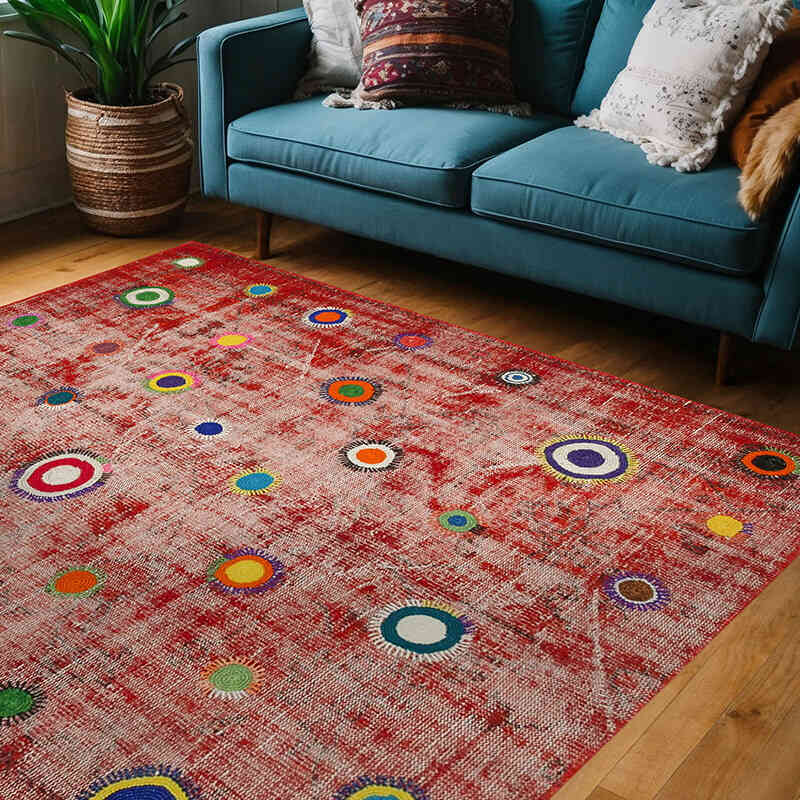 Rojo Alfombra De Retazos Turca Sobre-teñida - 179 cm x 214 cm - K0051157