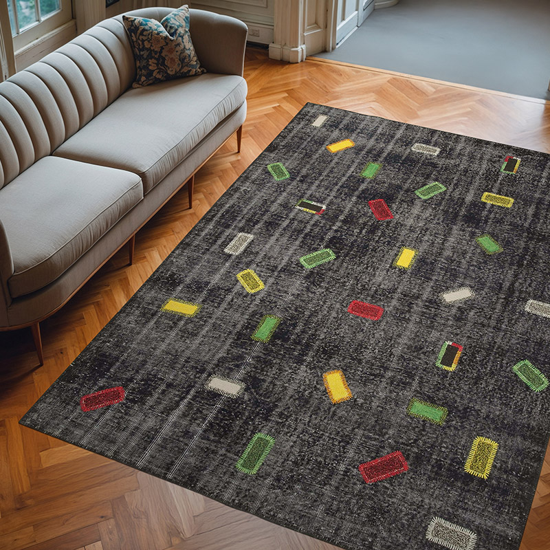 Siyah Boyalı Patchwork Halı - 220 cm x 301 cm - K0051158