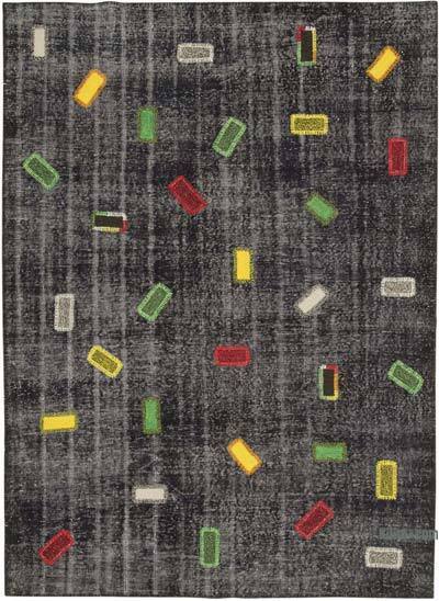 Black Patchwork Hand-Knotted Turkish Rug - 7' 3" x 9' 11" (87" x 119")