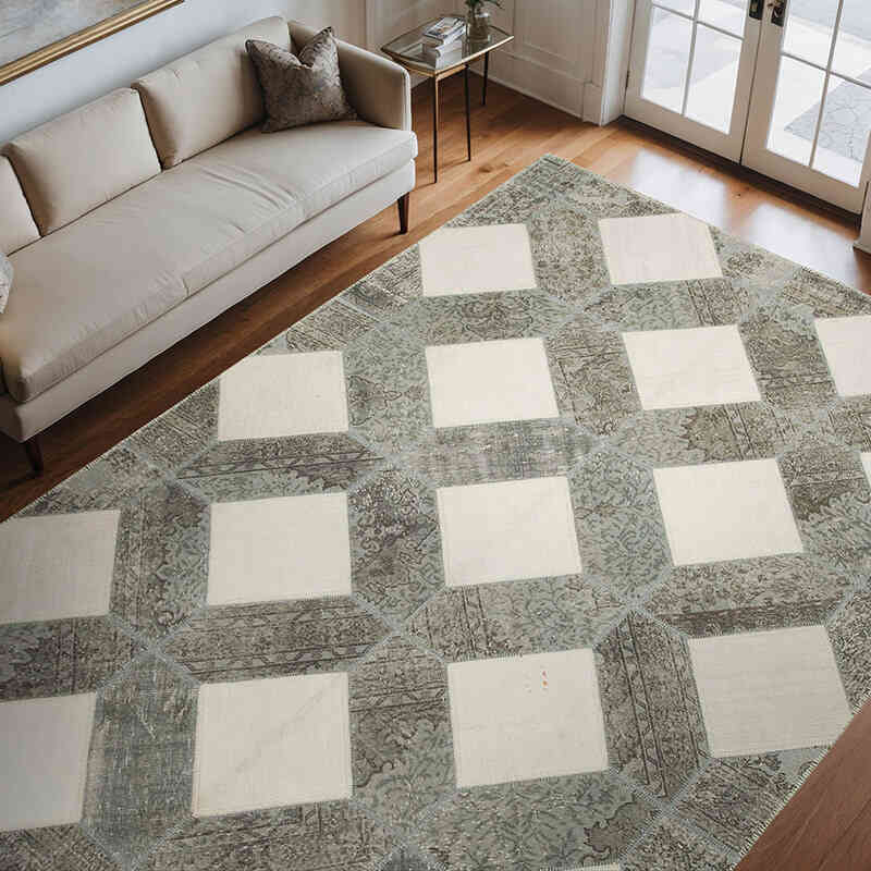 Gris, Beige Alfombra Turca de Retazos - 251 cm x 354 cm - K0051161