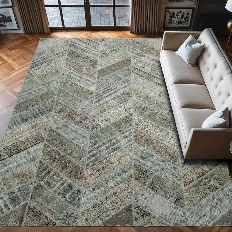 Açık Mavi, Gri Boyalı Patchwork Halı - 278 cm x 377 cm - K0051168