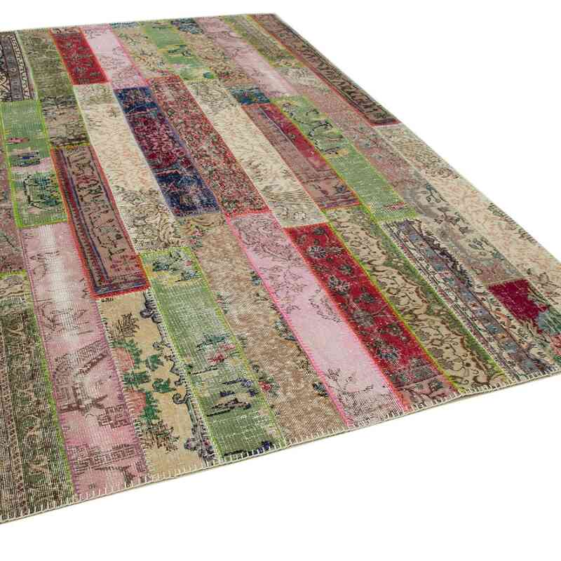 Red, Multicolor Patchwork Hand-Knotted Turkish Rug - 6' 7" x 10'  (79" x 120") - K0051188