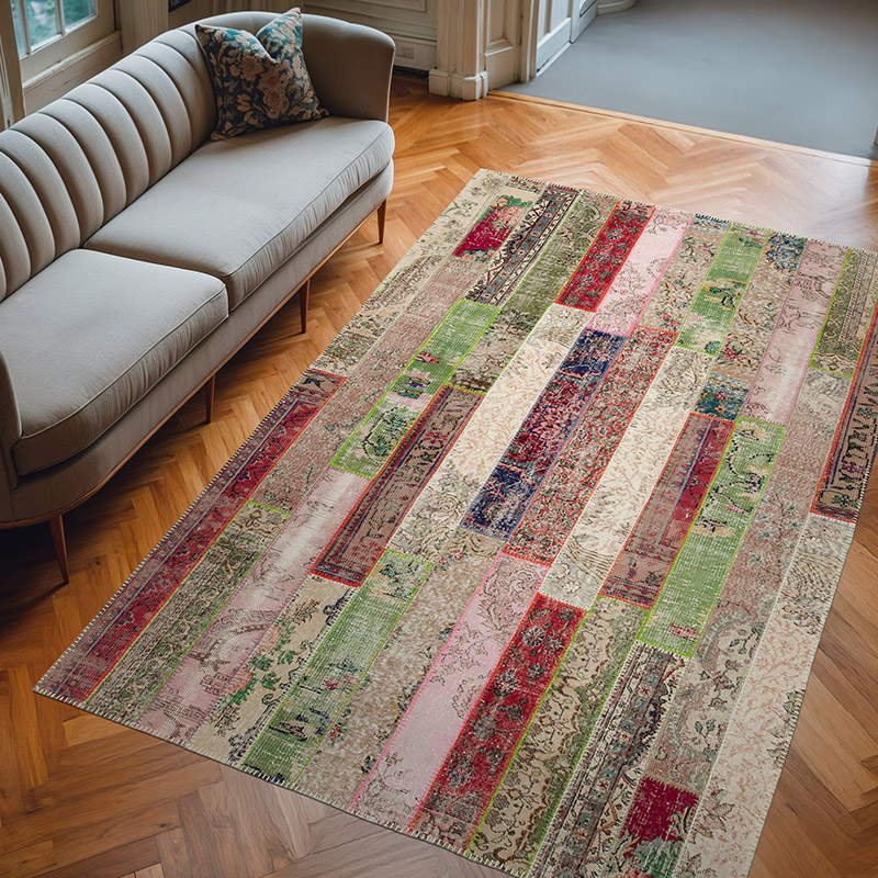 Red, Multicolor Patchwork Hand-Knotted Turkish Rug - 6' 7" x 10'  (79" x 120") - K0051188