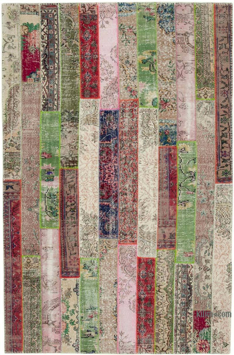 Red, Multicolor Patchwork Hand-Knotted Turkish Rug - 6' 7" x 10'  (79" x 120") - K0051188