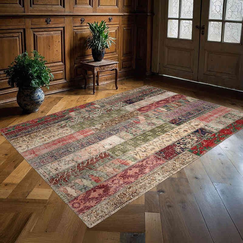 Multicolor Patchwork Hand-Knotted Turkish Rug - 5' 7" x 7' 10" (67" x 94") - K0051189