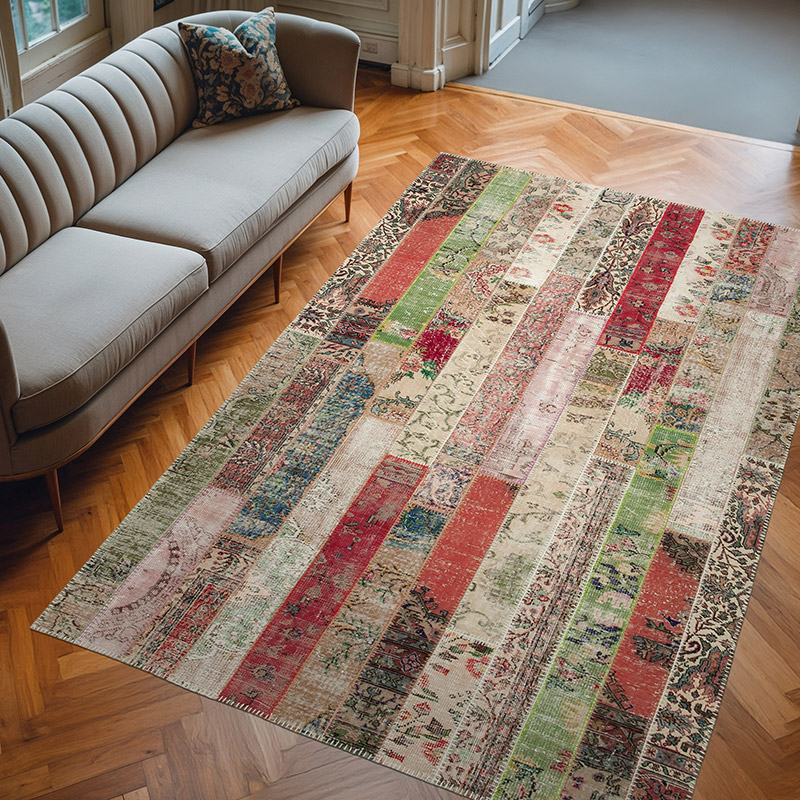 Çok Renkli, Kırmızı Patchwork El Dokuma Halı - 201 cm x 305 cm - K0051191