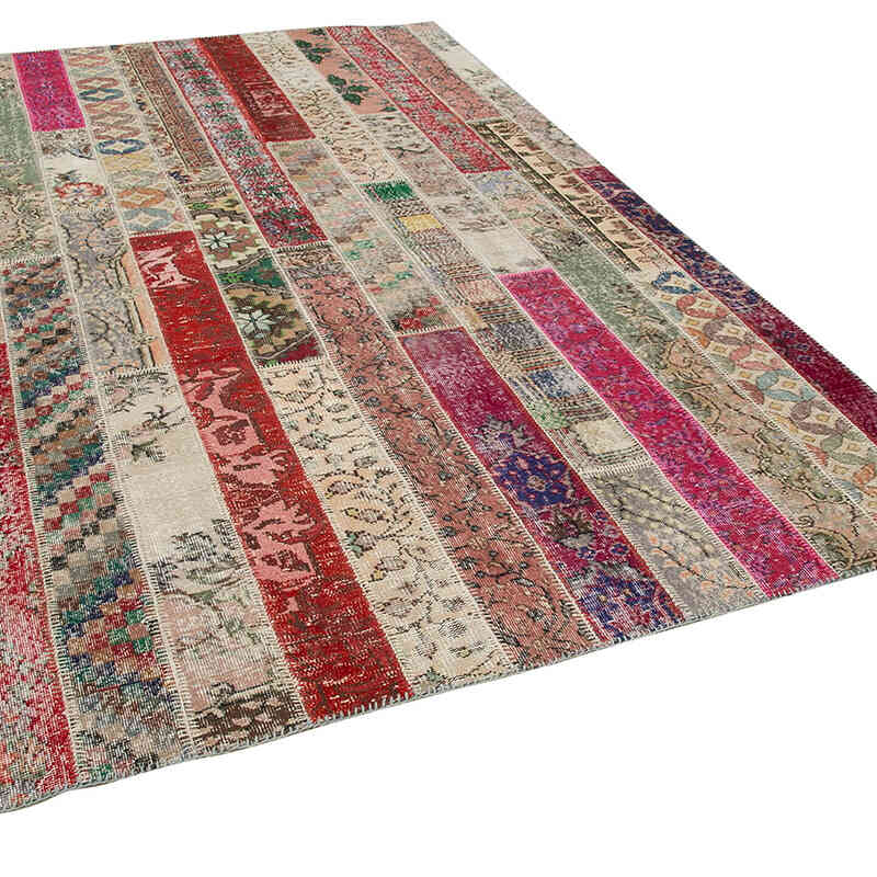Multicolor, Red Patchwork Hand-Knotted Turkish Rug - 6' 8" x 10' 1" (80" x 121") - K0051196