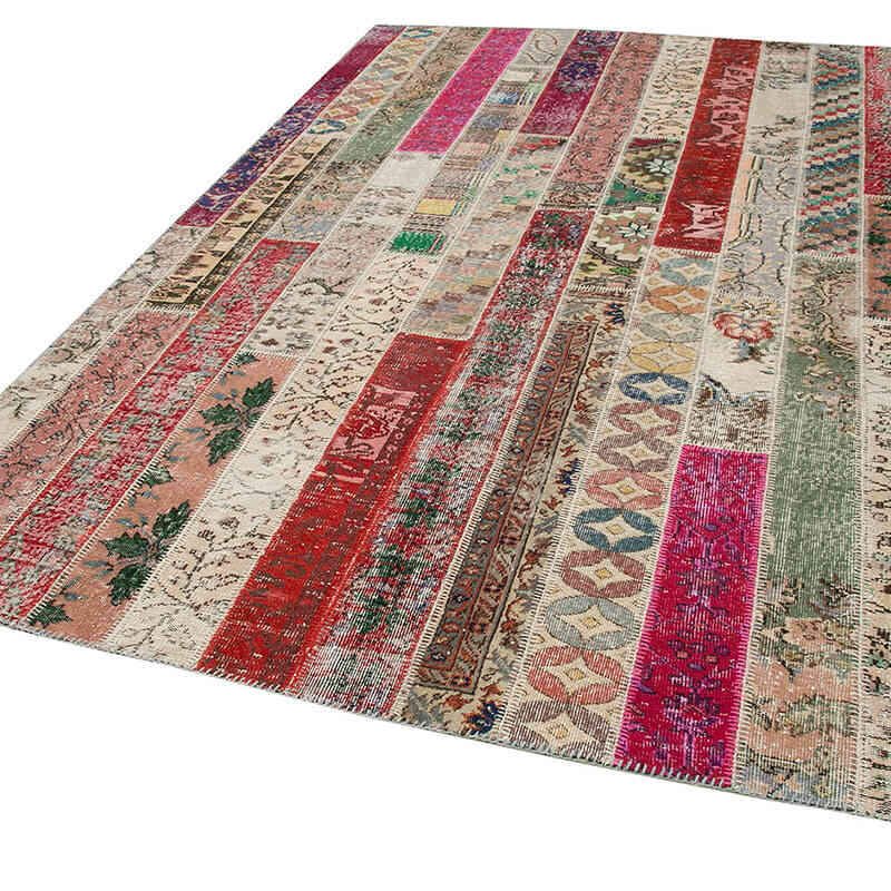 Multicolor, Red Patchwork Hand-Knotted Turkish Rug - 6' 8" x 10' 1" (80" x 121") - K0051196