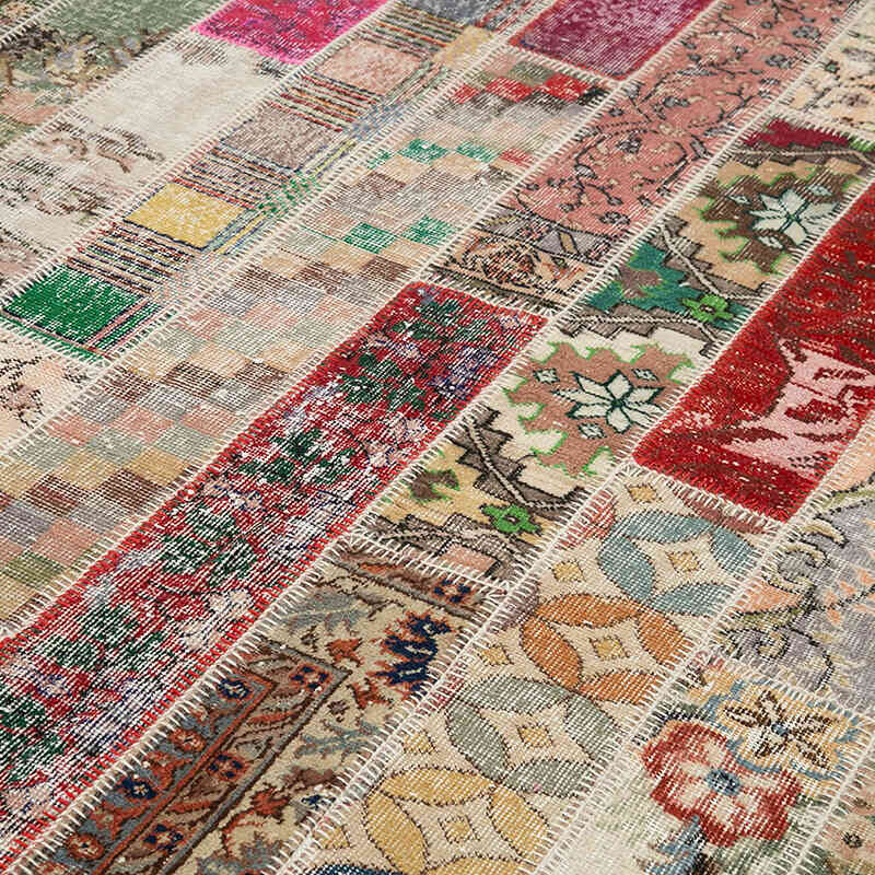 Multicolor, Red Patchwork Hand-Knotted Turkish Rug - 6' 8" x 10' 1" (80" x 121") - K0051196