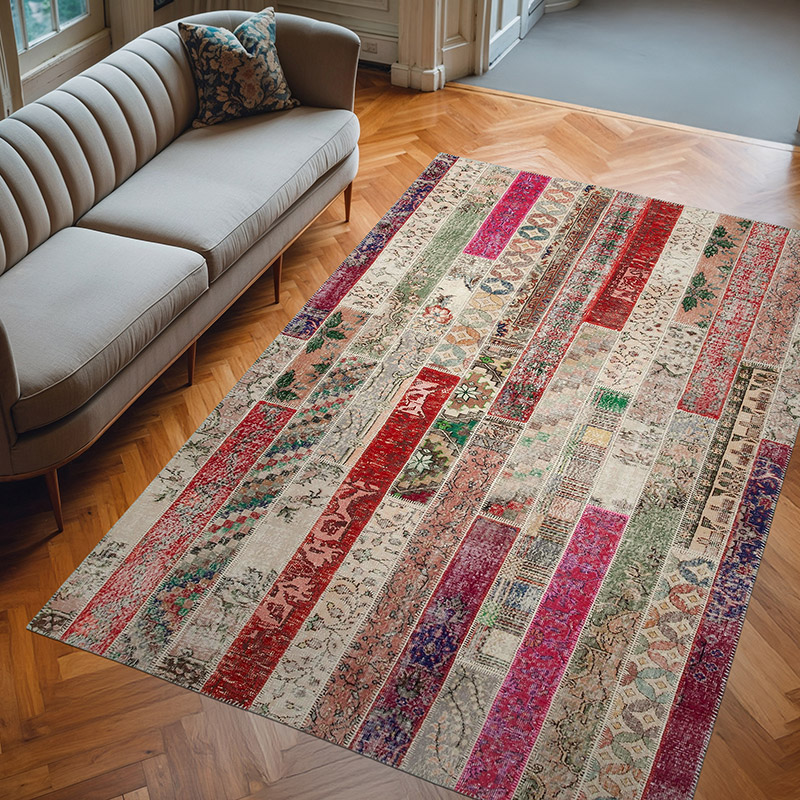 Multicolor, Red Patchwork Hand-Knotted Turkish Rug - 6' 8" x 10' 1" (80" x 121") - K0051196