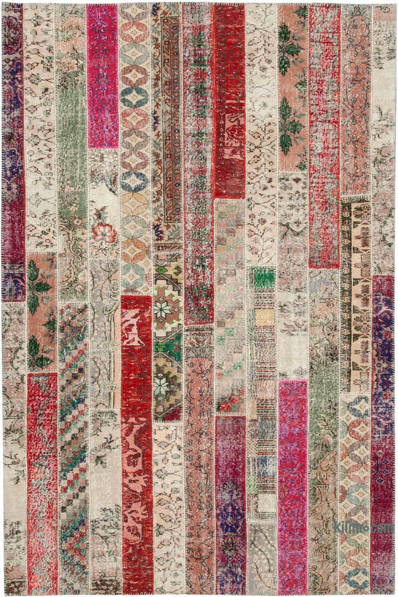 Multicolor, Red Patchwork Hand-Knotted Turkish Rug - 6' 8" x 10' 1" (80" x 121") - K0051196