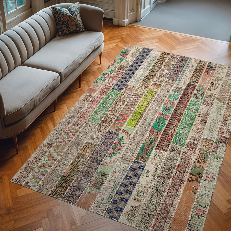 Multicolor, Beige Patchwork Hand-Knotted Turkish Rug - 6' 8" x 9' 11" (80" x 119") - K0051208