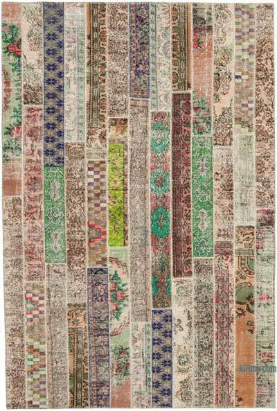 Multicolor, Beige Patchwork Hand-Knotted Turkish Rug - 6' 8" x 9' 11" (80" x 119")