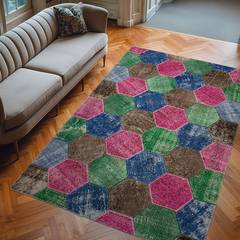 Multicolor Patchwork Hand-Knotted Turkish Rug - 6' 7" x 10' 1" (79" x 121") - K0051210