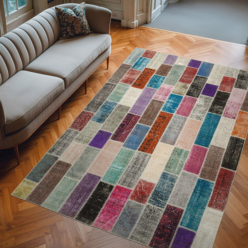 Multicolor Patchwork Hand-Knotted Turkish Rug - 6' 11" x 10' 4" (83" x 124") - K0051216