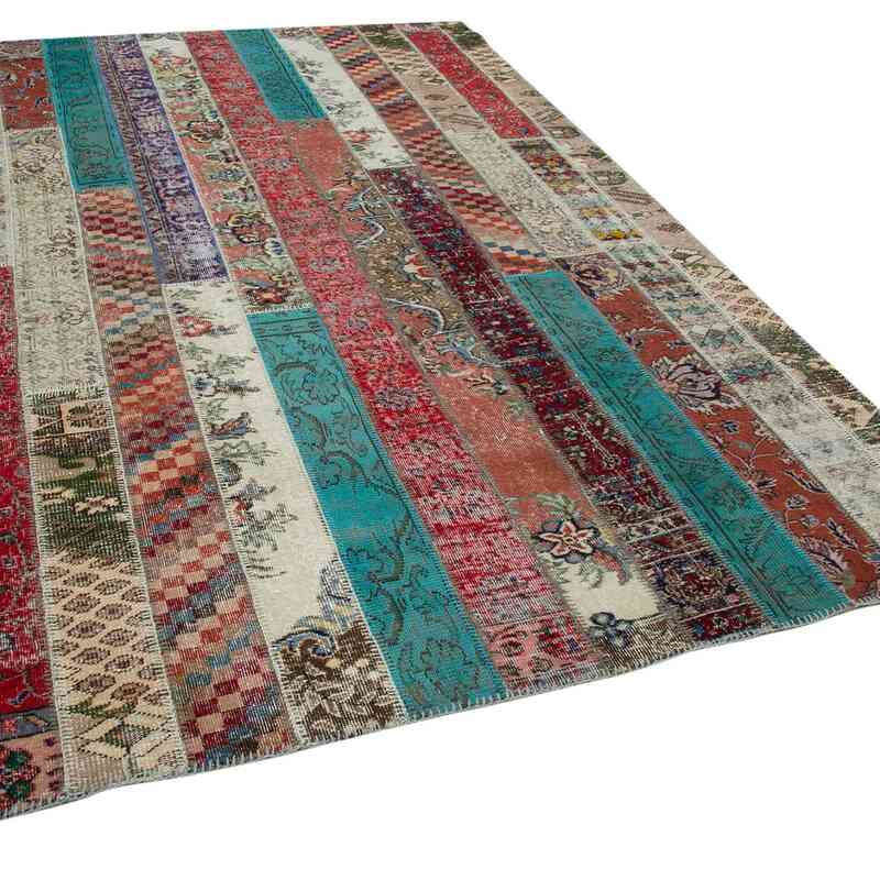 Multicolor, Red Patchwork Hand-Knotted Turkish Rug - 6' 8" x 10' 1" (80" x 121") - K0051220