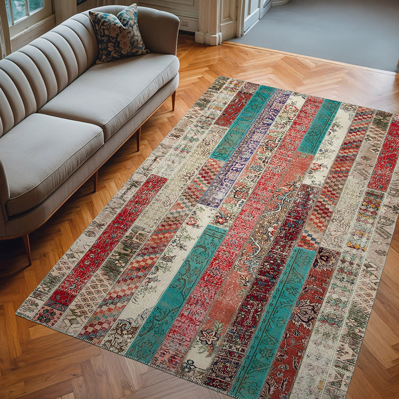 Multicolor, Red Patchwork Hand-Knotted Turkish Rug - 6' 8" x 10' 1" (80" x 121") - K0051220