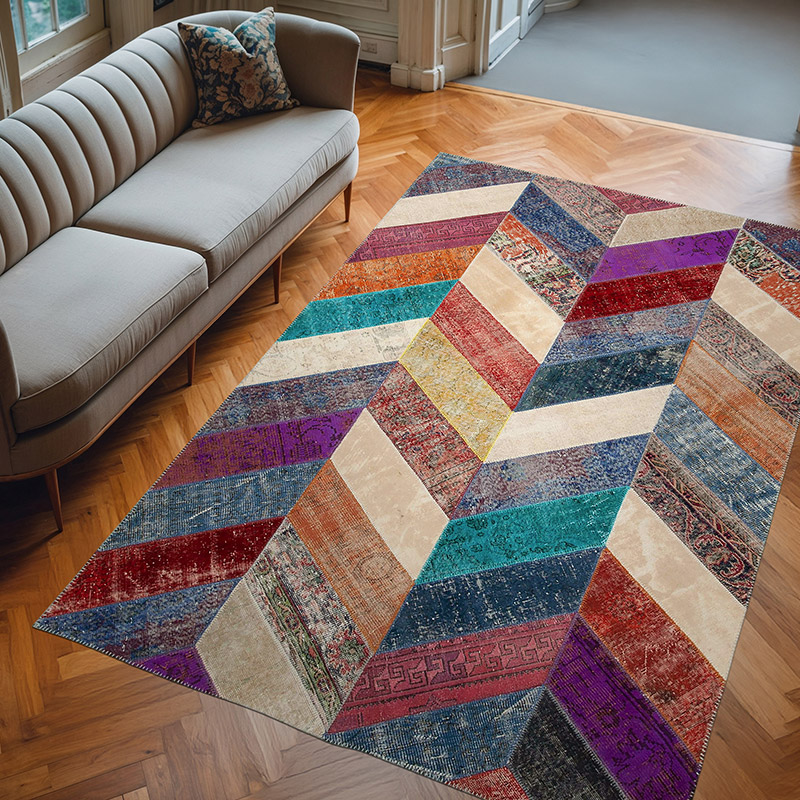 Multicolor Patchwork Hand-Knotted Turkish Rug - 6' 5" x 9' 10" (77" x 118") - K0051222