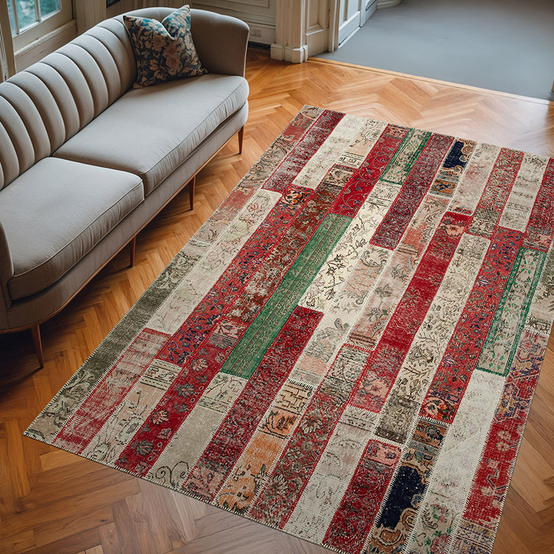 Çok Renkli, Kırmızı Patchwork El Dokuma Halı - 202 cm x 300 cm - K0051224