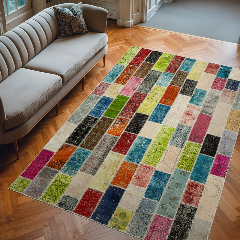 Multicolor Patchwork Hand-Knotted Turkish Rug - 6' 8" x 10'  (80" x 120") - K0051234