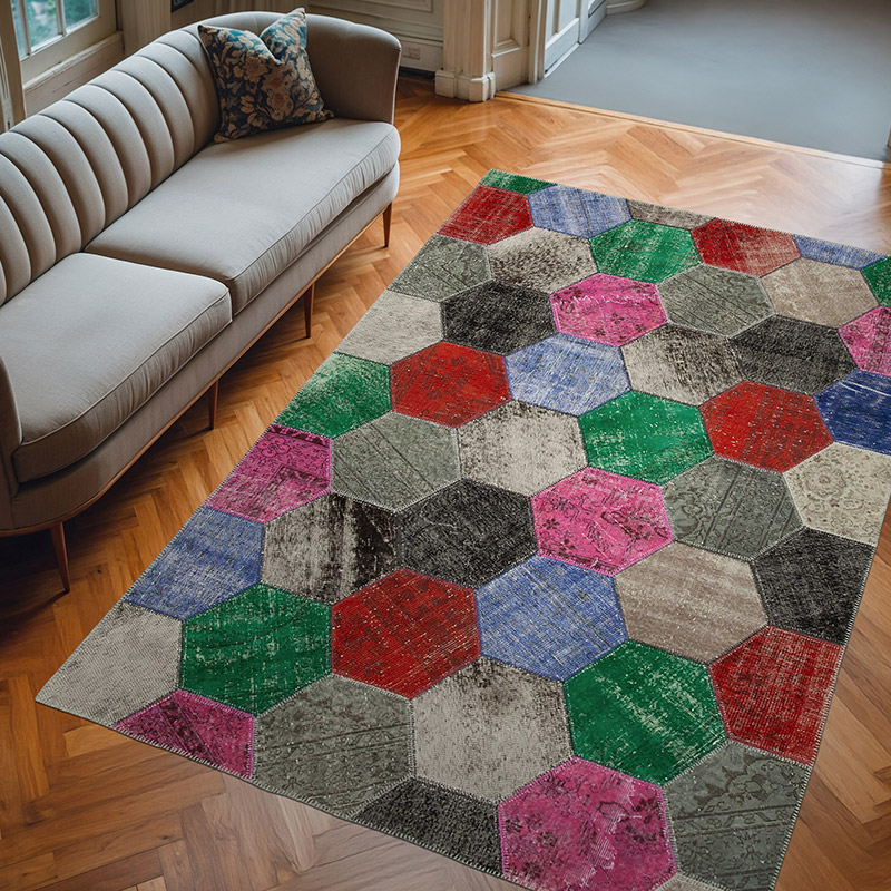 Çok Renkli Boyalı Patchwork Halı - 201 cm x 304 cm - K0051235