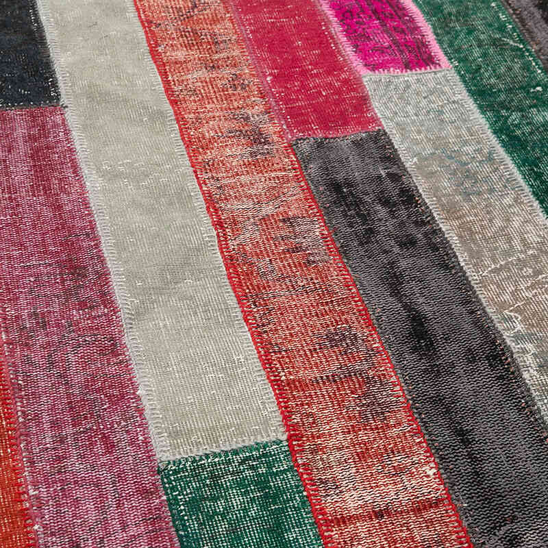 Multicolor, Red Patchwork Hand-Knotted Turkish Rug - 6' 7" x 9' 6" (79" x 114") - K0051239