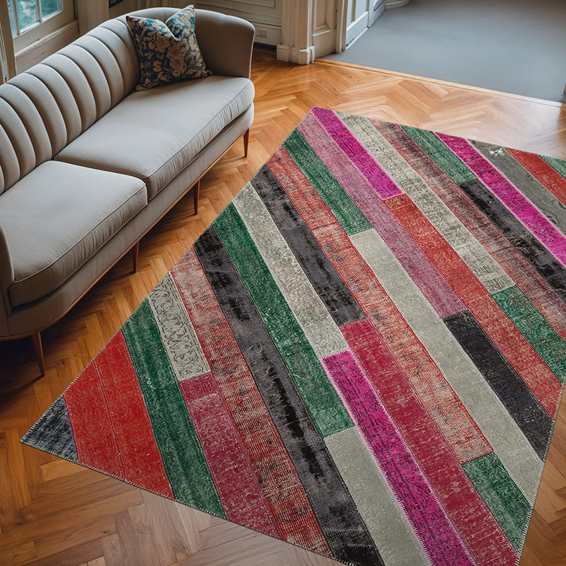Multicolor, Red Patchwork Hand-Knotted Turkish Rug - 6' 7" x 9' 6" (79" x 114") - K0051239