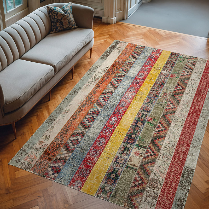 Çok Renkli, Kırmızı Patchwork El Dokuma Halı - 203 cm x 305 cm - K0051242