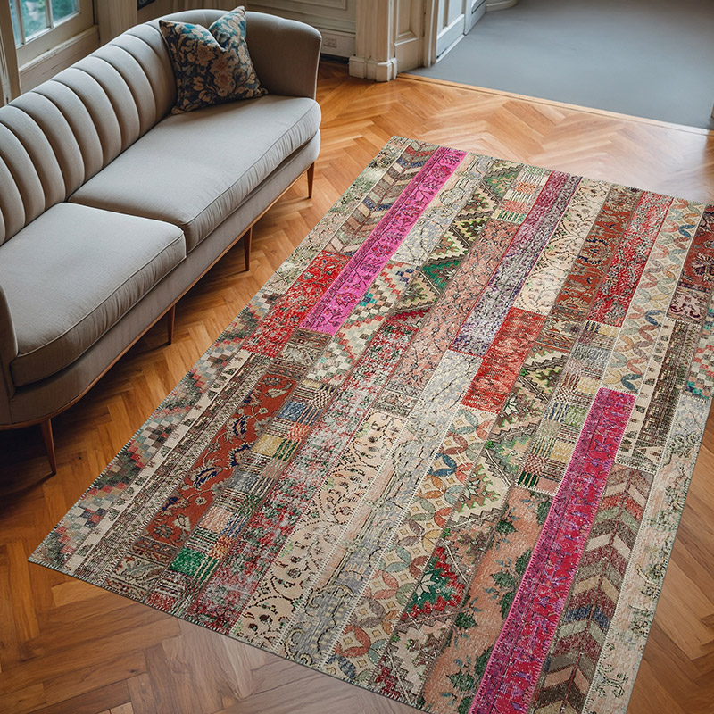 Red, Multicolor Patchwork Hand-Knotted Turkish Rug - 6' 8" x 10'  (80" x 120") - K0051246