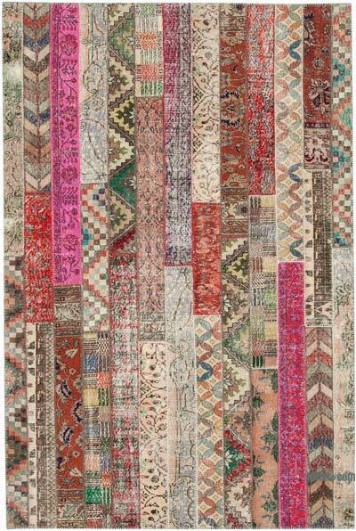 Red, Multicolor Patchwork Hand-Knotted Turkish Rug - 6' 8" x 10'  (80" x 120")