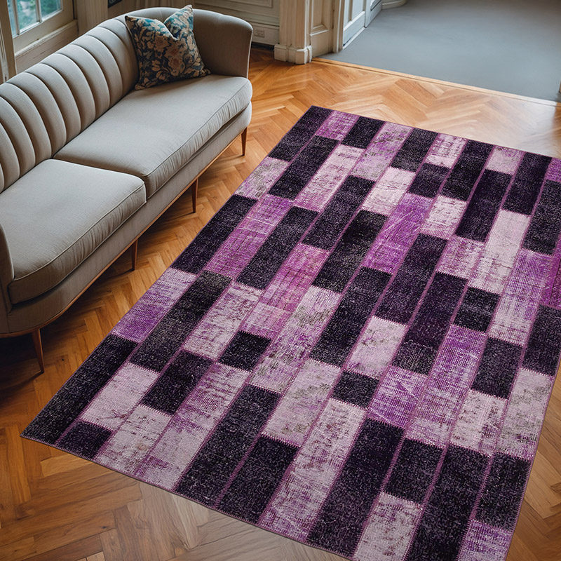 Purple Patchwork Hand-Knotted Turkish Rug - 6' 9" x 9' 10" (81" x 118") - K0051248