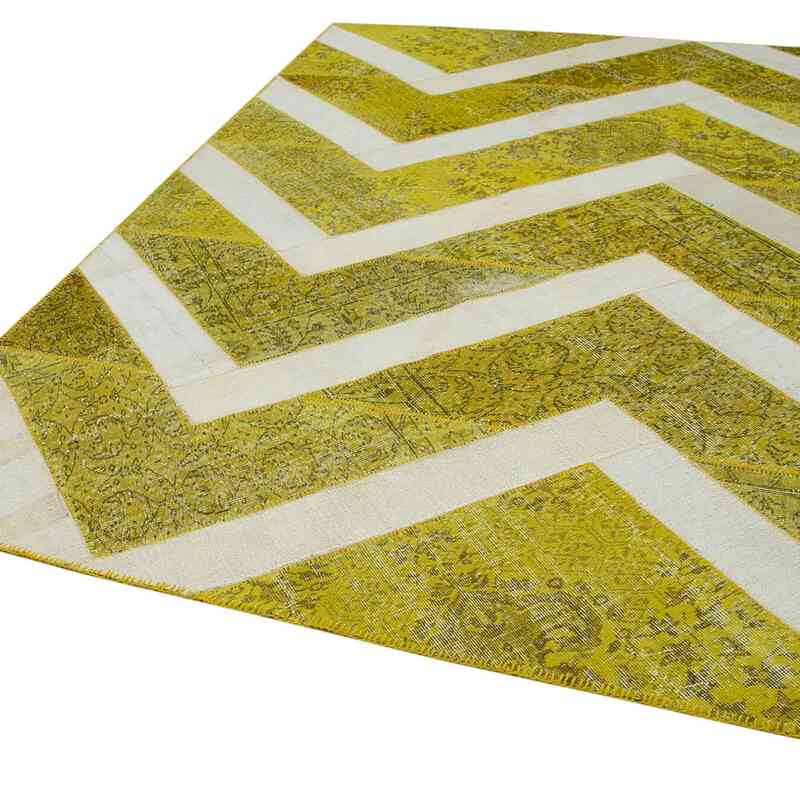 Yellow Patchwork Hand-Knotted Turkish Rug - 6' 8" x 9' 8" (80" x 116") - K0051250